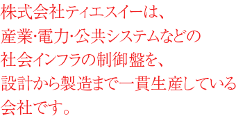 株式会社ティエスイーは、産業・電力・公共システムなどの社会インフラの制御盤を、設計から製造まで一貫生産している会社です。