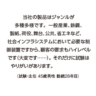 当社の製品はジャンルが多種多様です。一般産業、鉄鋼、製紙、荷役、舞台、公共、省エネなど、社会インフラシステムにおいて必要な制御装置ですから、顧客の要求もハイレベルです（大変です……）。 それだけに試験はやりがいがあります。（試験・主任 45歳男性 勤続28年目）